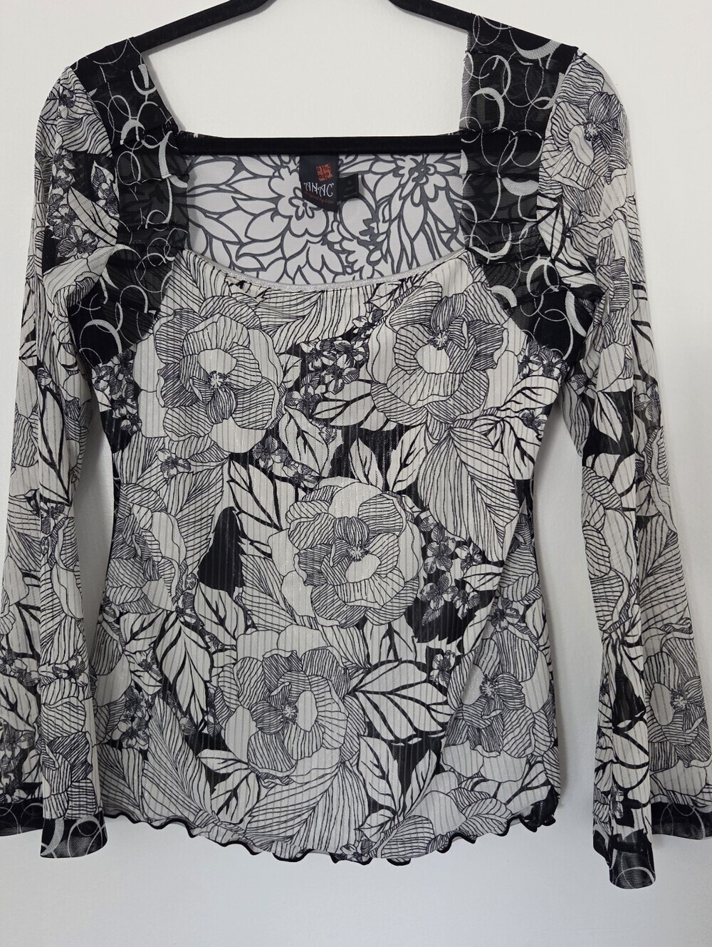 Anac Designed By Kimi Black & White Floral Mesh Long-Sleeve Top XL